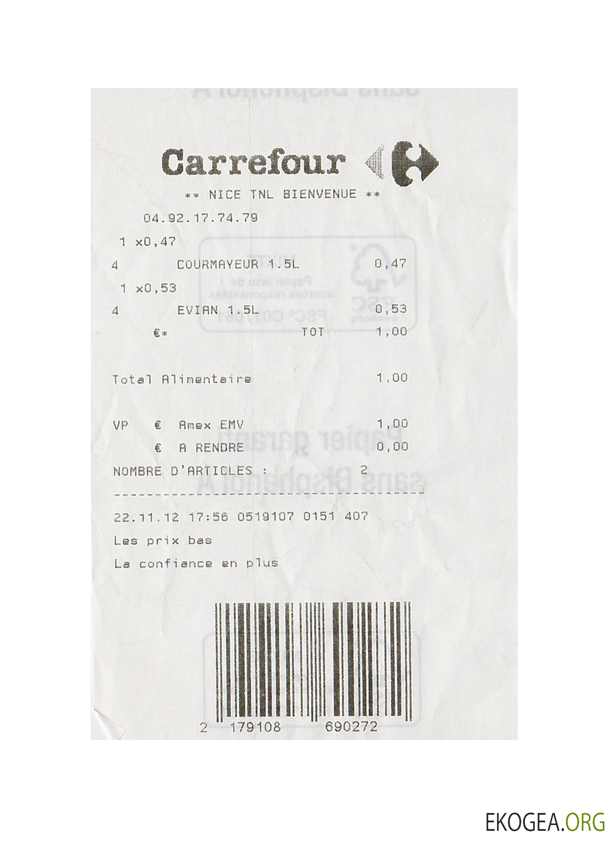Reçu de paiement supermarché Carrefour